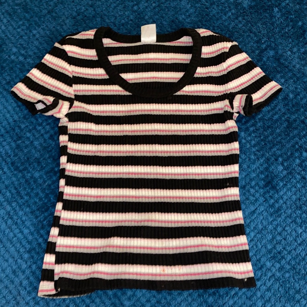 pink and black striped shirt